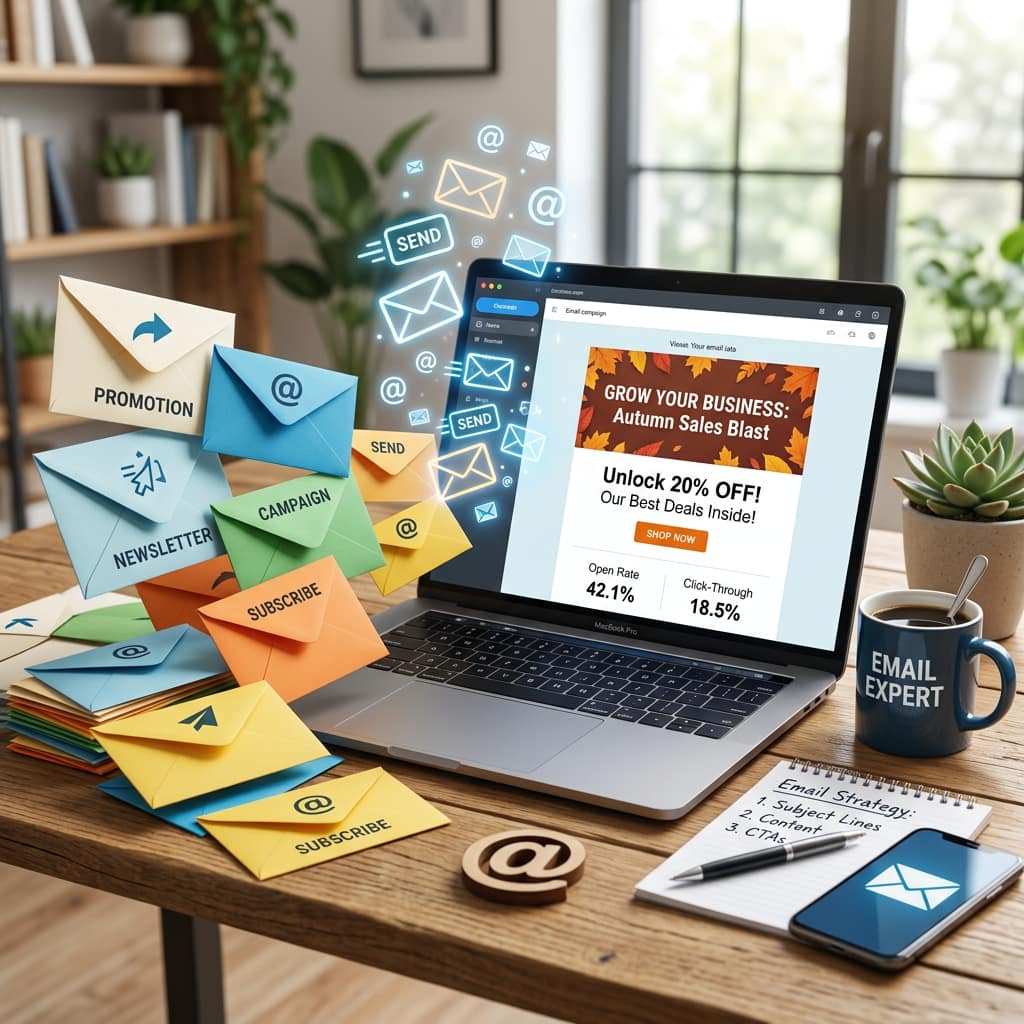 Laptop showing an autumn sales email campaign with promotional envelopes and marketing notes on a desk