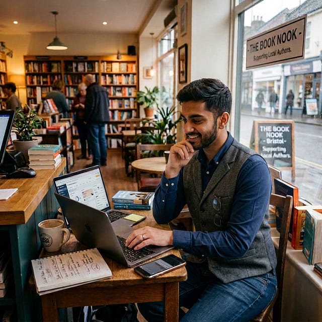 Bookseller working on a laptop inside The Book Nook bookstore